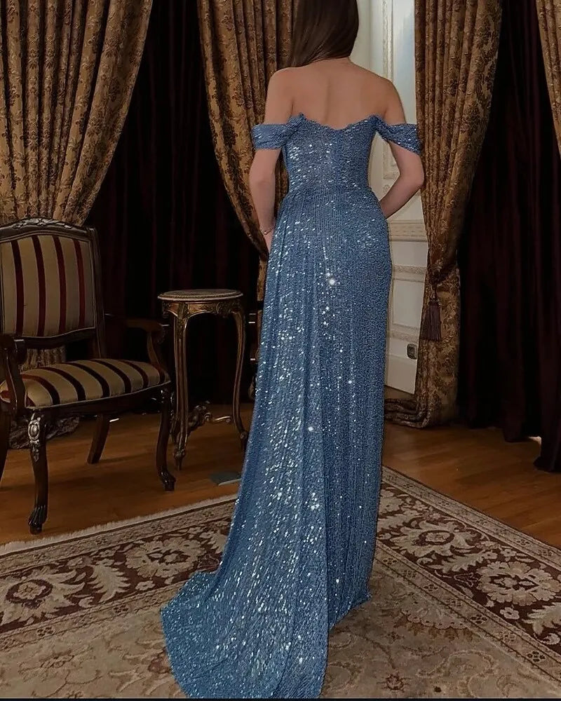 Glamorous Sheath Off-Shoulder Slit Sequin Dusty Blue Prom Dress With Train
