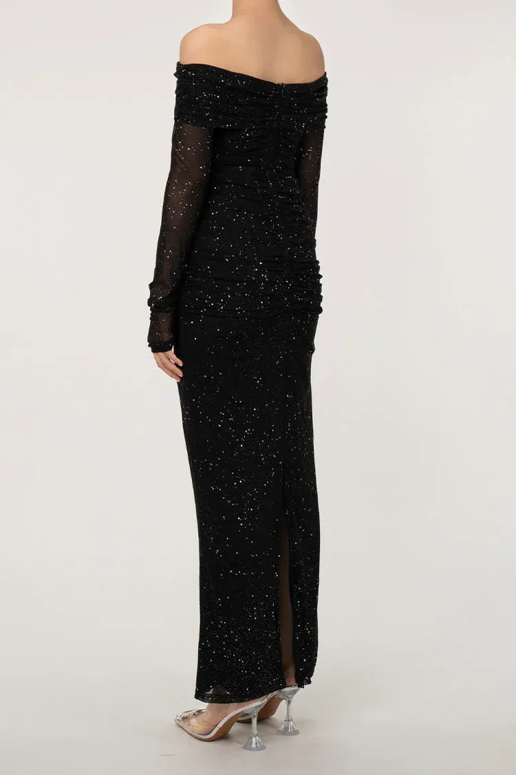 Glamorous Sheath Off-Shoulder Long-Sleeve Sequin Mesh Black Floor-Length Evening Dress for Women