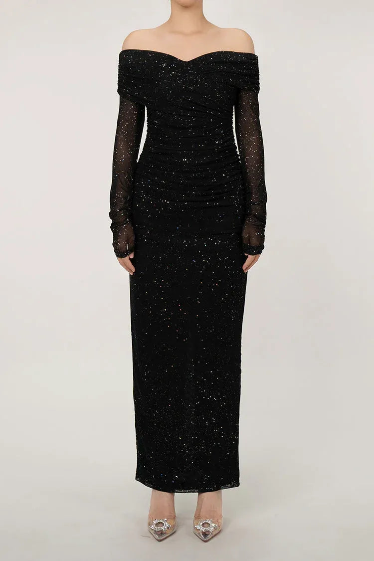 Glamorous Sheath Off-Shoulder Long-Sleeve Sequin Mesh Black Floor-Length Evening Dress for Women