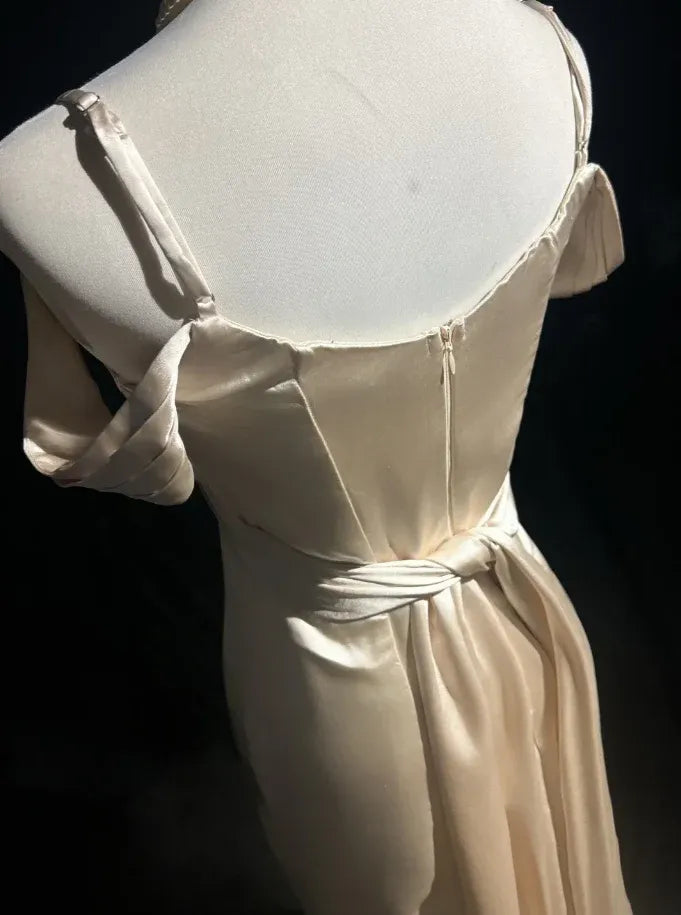 Glamorous Sheath Off-Shoulder Satin Light Champagne Long Prom Dress With Tie