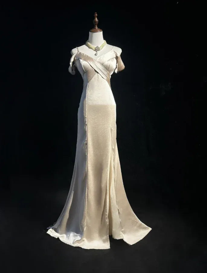 Glamorous Sheath Off-Shoulder Satin Light Champagne Long Prom Dress With Tie