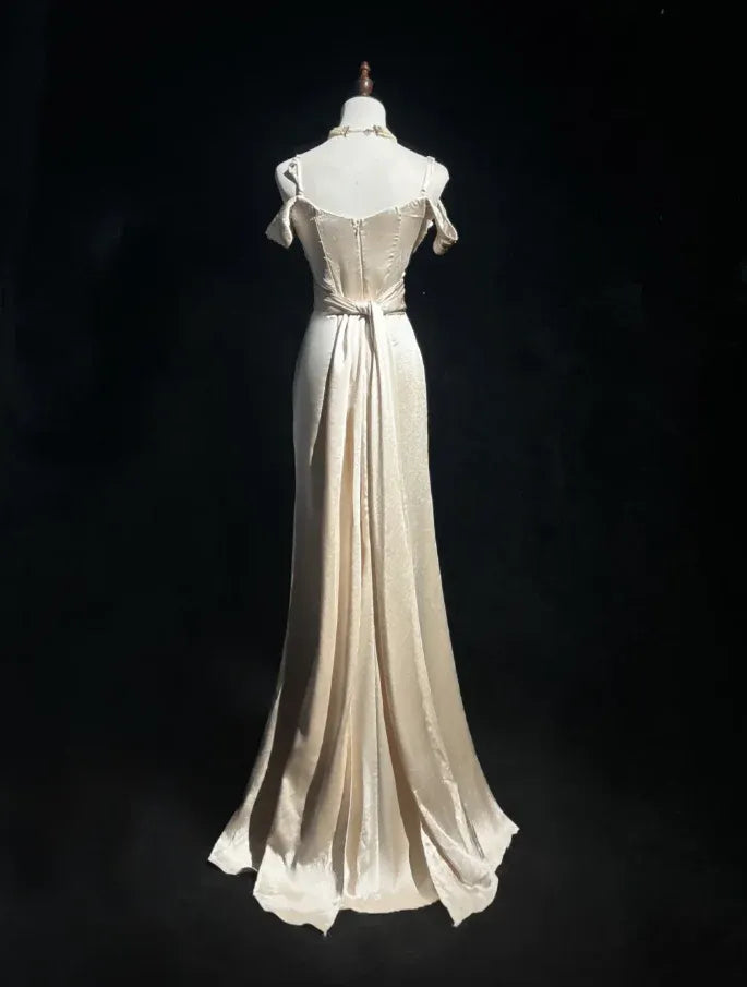 Glamorous Sheath Off-Shoulder Satin Light Champagne Long Prom Dress With Tie