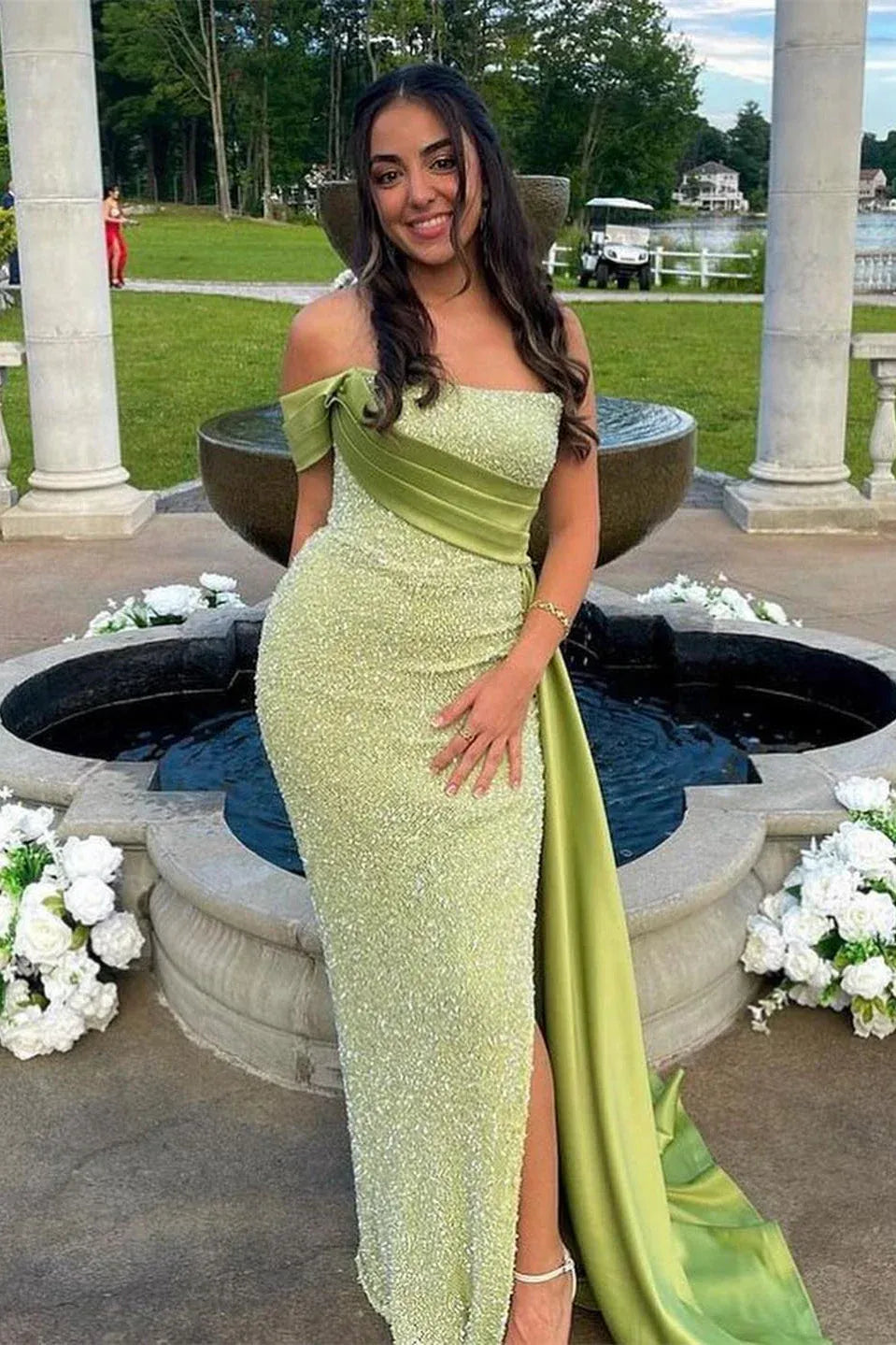 Glamorous Sheath Off Shoulder Sequin Sage Floor-Length Prom Dresses