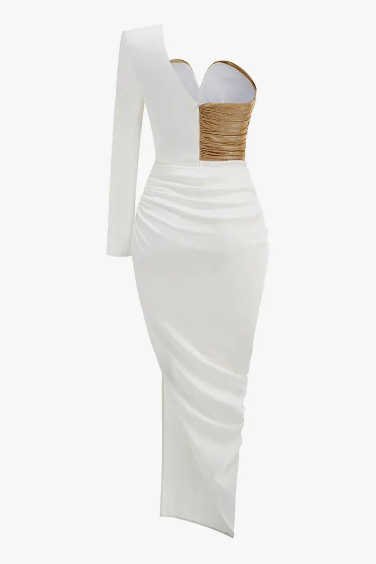 Glamorous Sheath One-Shoulder Long-Sleeve Gold-Accent White Maxi Evening Dress for Women