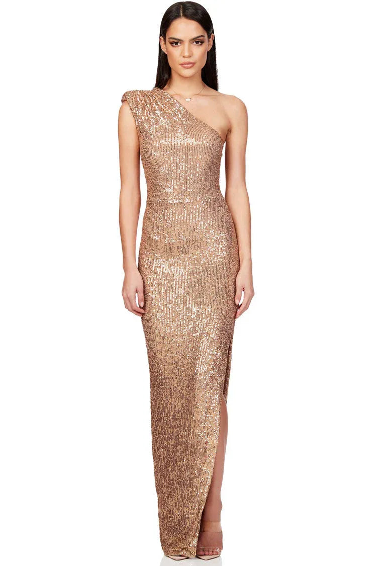 Glamorous Sheath One-Shoulder Sequin Rose Gold Maxi Evening Dress for Women