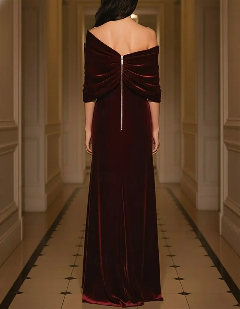 Glamorous Sheath One Shoulder Ruched Slit Velvet Burgundy Prom Dress With Shawl