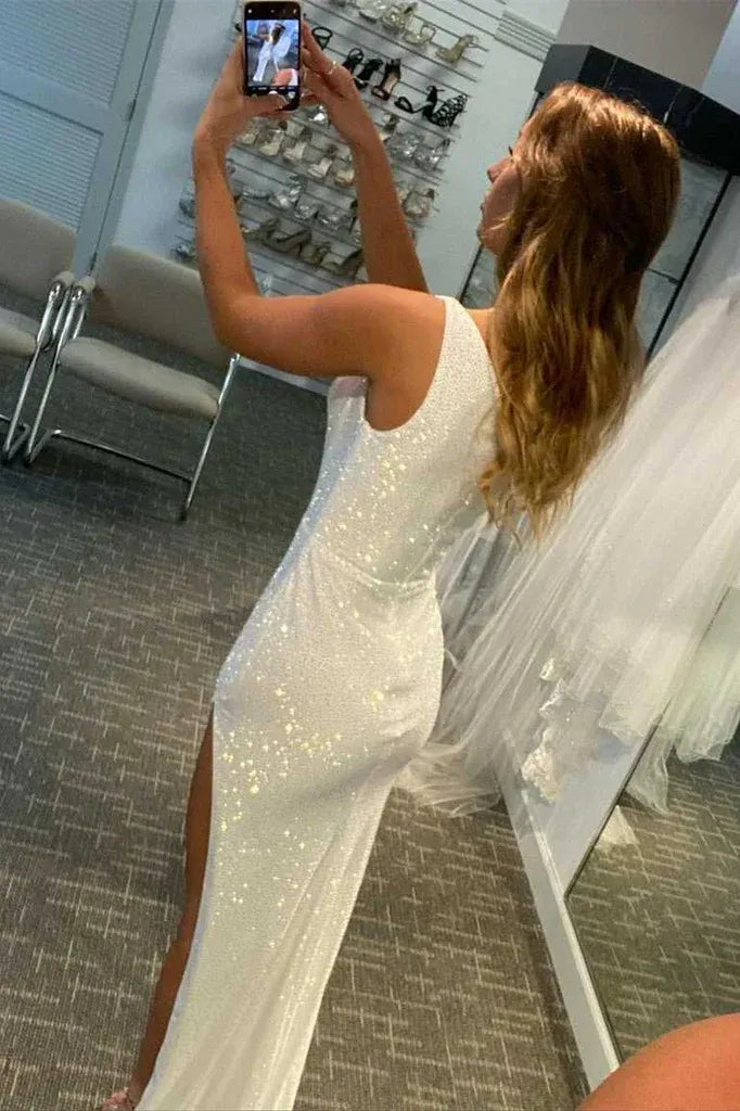 Glamorous Sheath One Shoulder Sequin White Floor-Length Prom Dresses