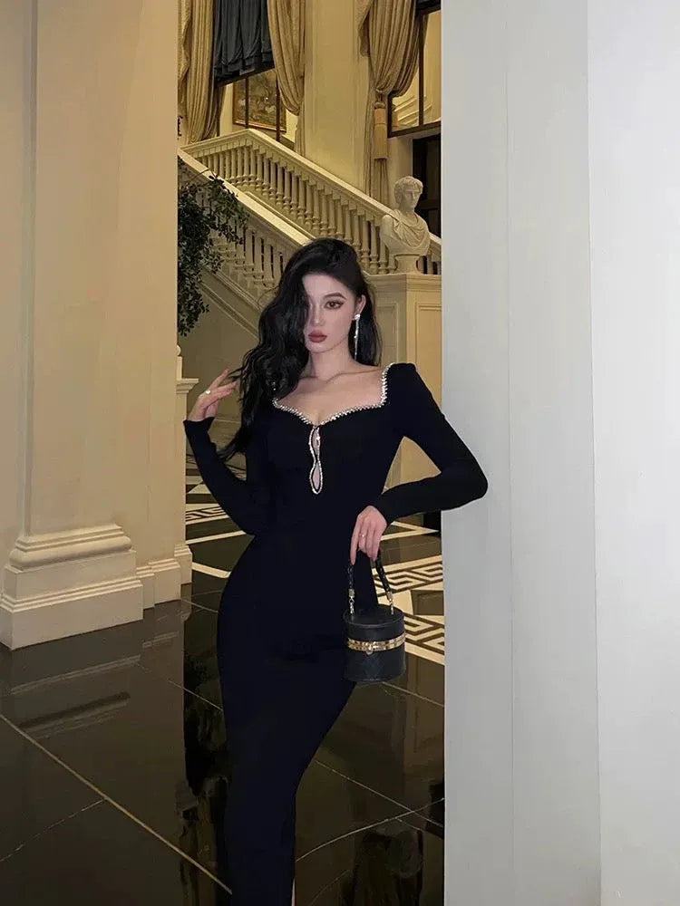 Glamorous Sheath Square-Neck Long-Sleeve Beaded Black Midi Prom Dress for Women Ready to Ship
