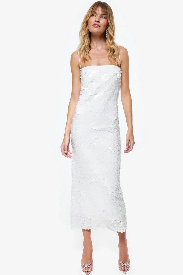 Glamorous Sheath Square-Neck Spaghetti-Strap Sequin White Midi Evening Dress for Women