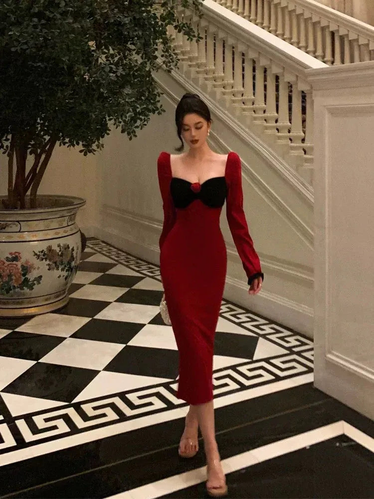 Glamorous Sheath Sweetheart Long Sleeve Contrast Red Tea-Length Prom Dresses