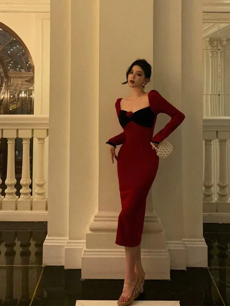 Glamorous Sheath Sweetheart Long Sleeve Contrast Red Tea-Length Prom Dresses