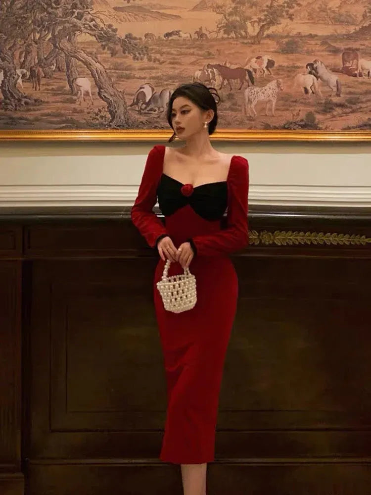 Glamorous Sheath Sweetheart Long Sleeve Contrast Red Tea-Length Prom Dresses