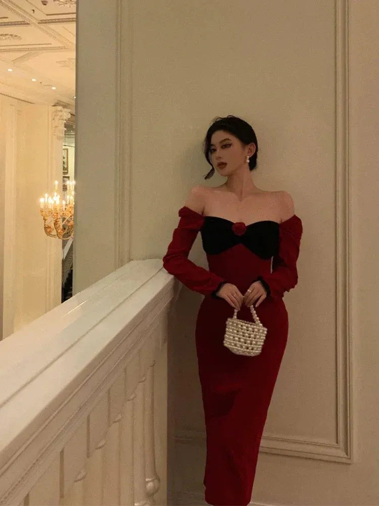 Glamorous Sheath Sweetheart Long Sleeve Contrast Red Tea-Length Prom Dresses
