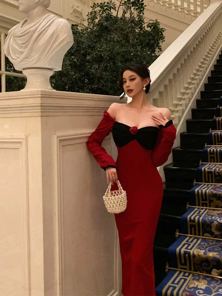 Glamorous Sheath Sweetheart Long Sleeve Contrast Red Tea-Length Prom Dresses