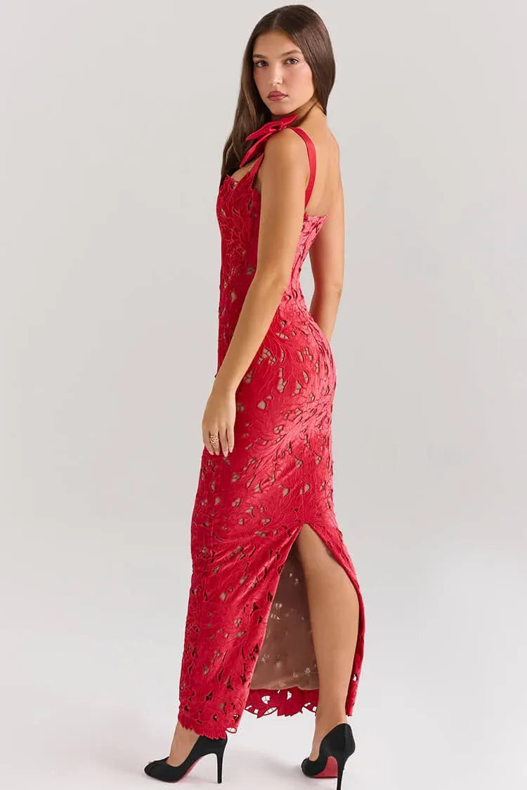 Glamorous Sheath Sweetheart Sleeveless Bow-Accented Lace Red Midi Evening Dress for Women