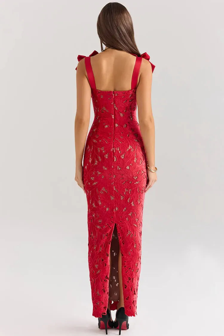 Glamorous Sheath Sweetheart Sleeveless Bow-Accented Lace Red Midi Evening Dress for Women