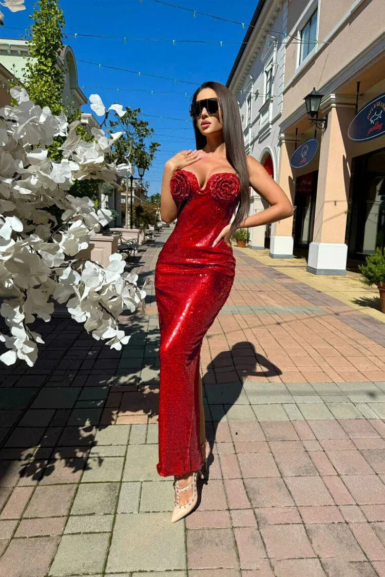 Glamorous Sheath Sweetheart Sleeveless Rose-Embellished Sequin Red Midi Evening Dress for Women
