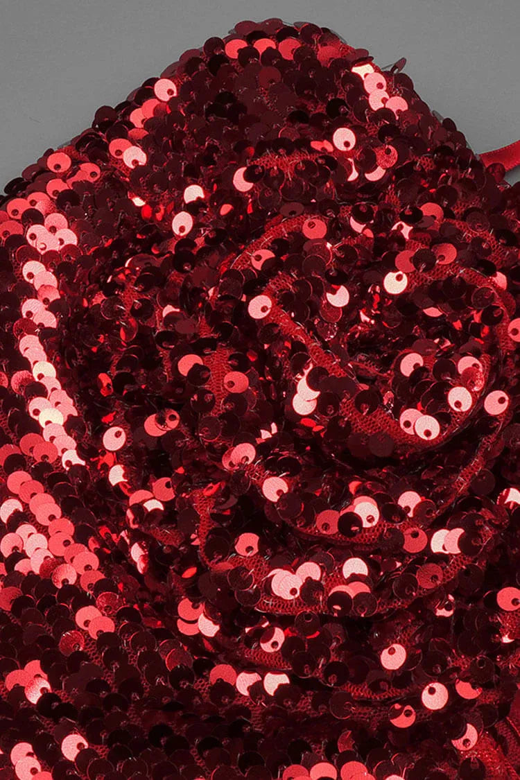 Glamorous Sheath Sweetheart Sleeveless Rose-Embellished Sequin Red Midi Evening Dress for Women