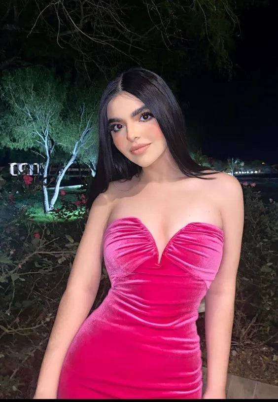 Glamorous Sheath Sweetheart Strapless Ruched Velvet Hot Pink Maxi Evening Dress for Women