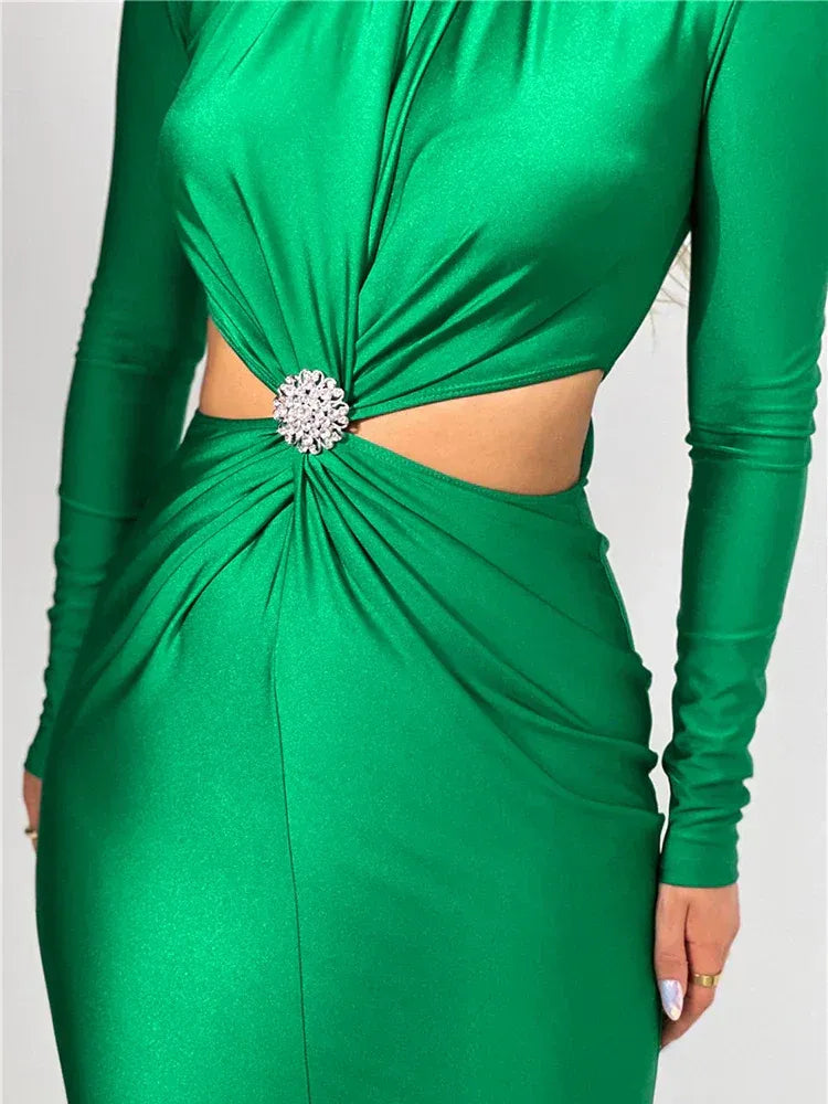 Glamorous Sheath Turtleneck Long-Sleeve Embellished-Knit Emerald Green Midi Evening Dress for Women