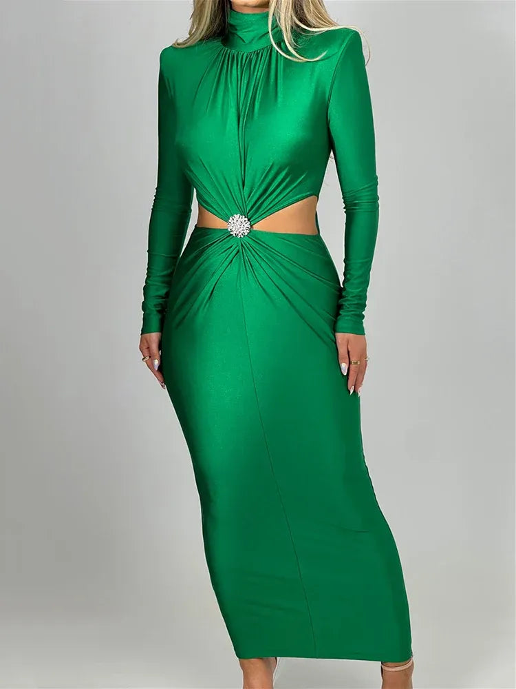 Glamorous Sheath Turtleneck Long-Sleeve Embellished-Knit Emerald Green Midi Evening Dress for Women