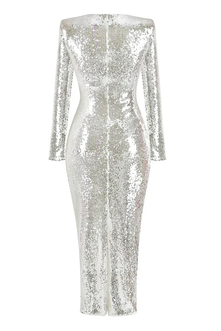 Glamorous Sheath V-Neck Long-Sleeve Sequin Cutout Silver Midi Evening Dress for Women