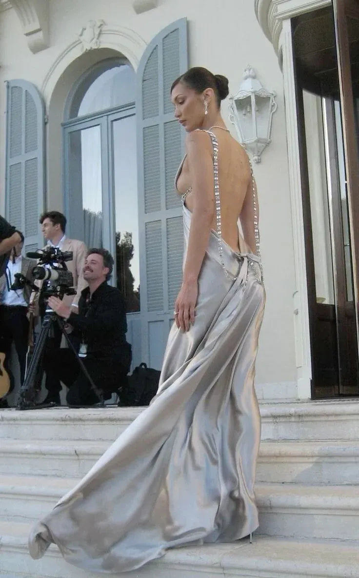 Glamorous Slip Gown Plunge Neck Sleeveless Crystal Silver Long Prom Dress For Women Custom