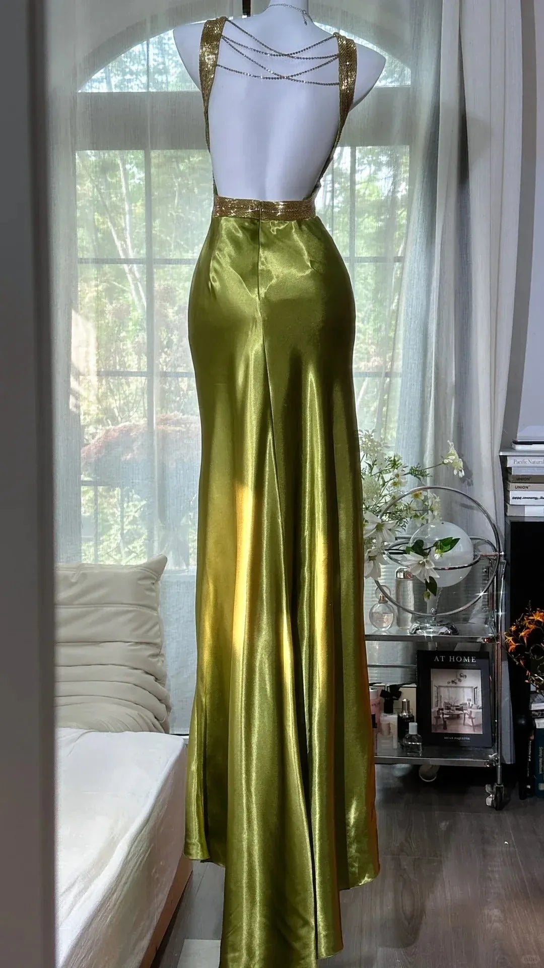 Glamorous Trumpet V-Neck Sleeveless Sequin-Accent Satin Olive Maxi Evening Dress for Women