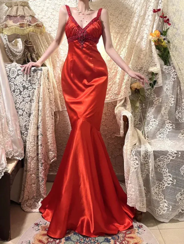Glamorous V-neck Beaded Rose Red Mermaid Prom Dress Custom