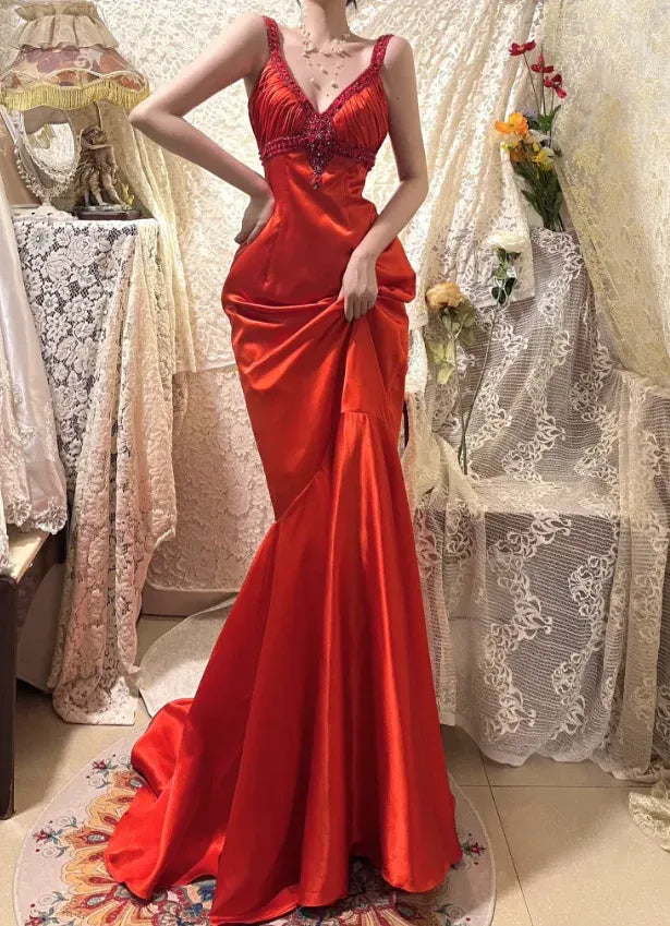 Glamorous V-neck Beaded Rose Red Mermaid Prom Dress Custom