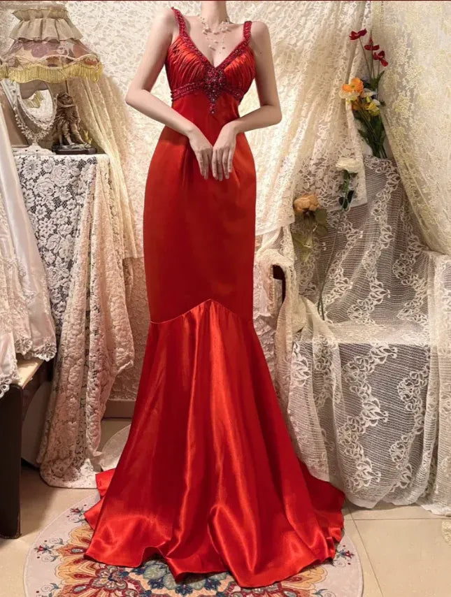 Glamorous V-neck Beaded Rose Red Mermaid Prom Dress Custom