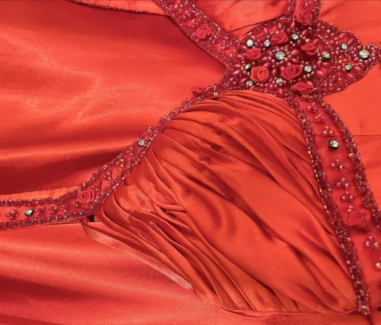 Glamorous V-neck Beaded Rose Red Mermaid Prom Dress Custom