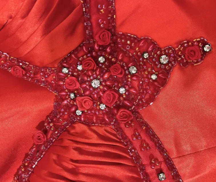 Glamorous V-neck Beaded Rose Red Mermaid Prom Dress Custom