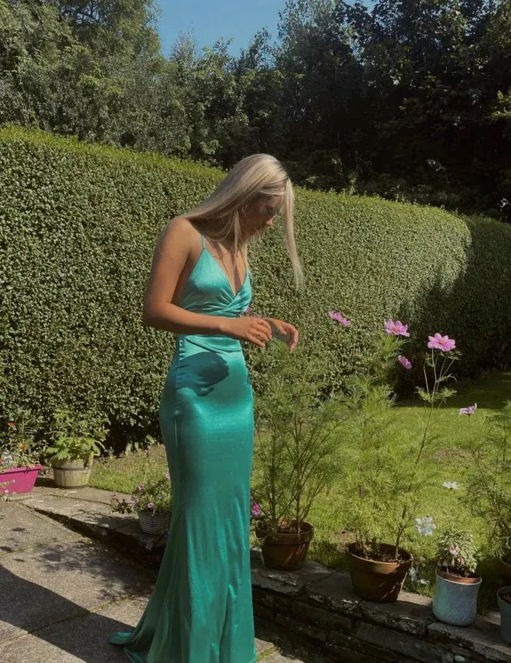 Glamorous V-neck Crisscross Back Satin Teal Maxi Prom Dress For Sale