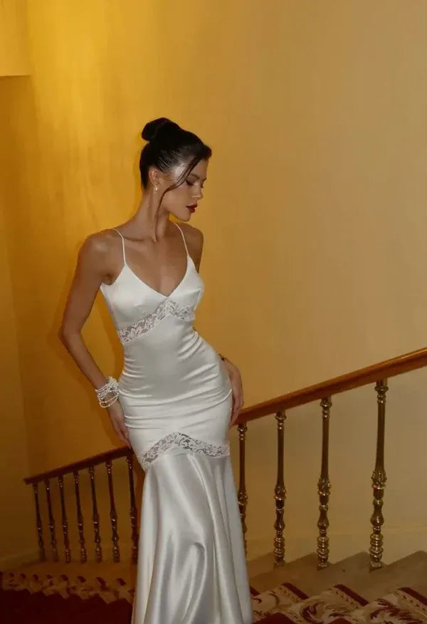 Glamorous V-neck Lace Trim White Mermaid Prom Dress For Sale