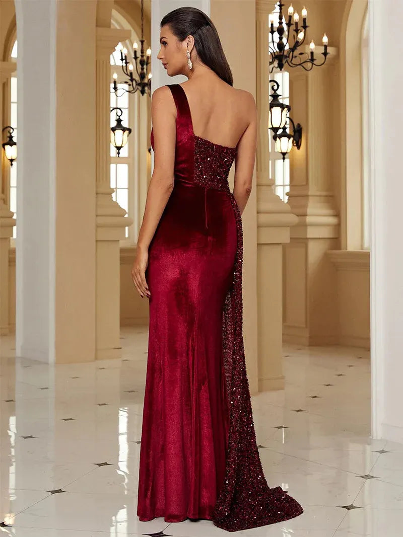 Glamorous Velvet-Sequin Long Evening Dress Burgundy One-Shoulder Sleeveless Party Gown for Women