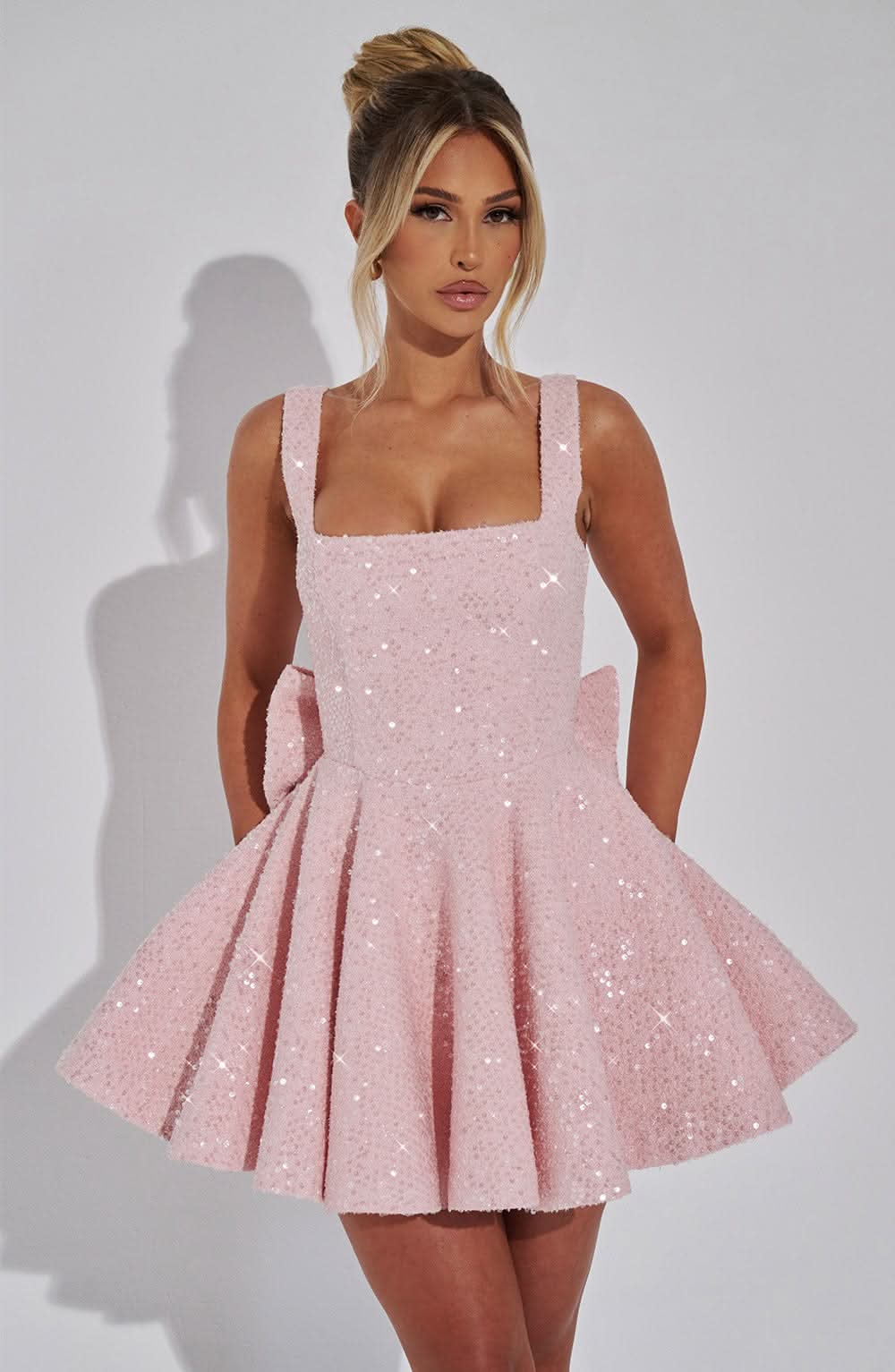 Glamorous A-Line Square Neck Bow Back Sequin Pink Mini Homecoming Dress