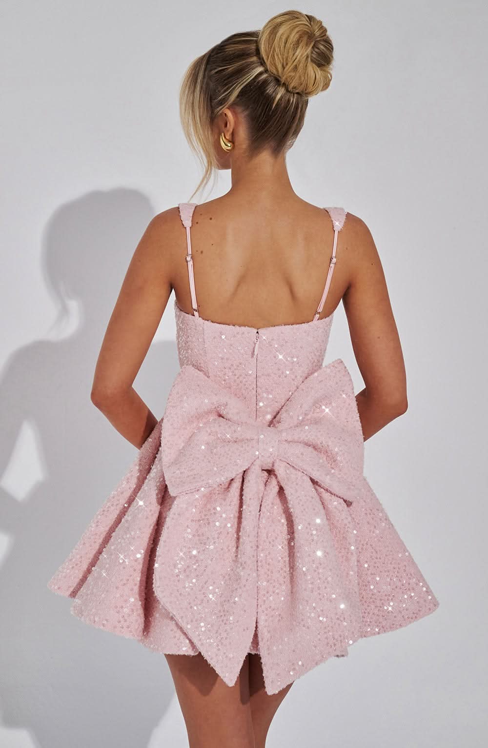 Glamorous A-Line Square Neck Bow Back Sequin Pink Mini Homecoming Dress