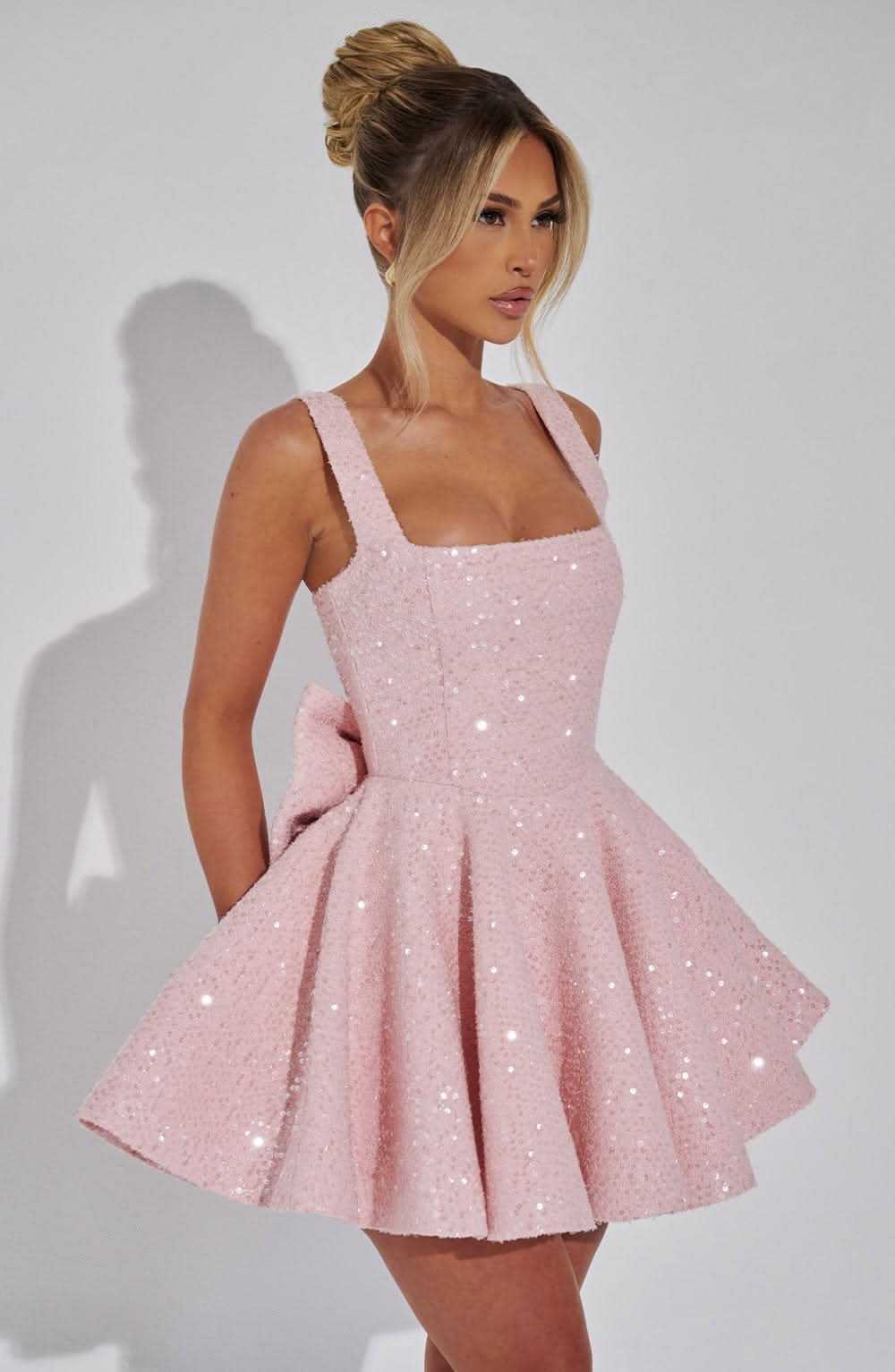 Glamorous A-Line Square Neck Bow Back Sequin Pink Mini Homecoming Dress