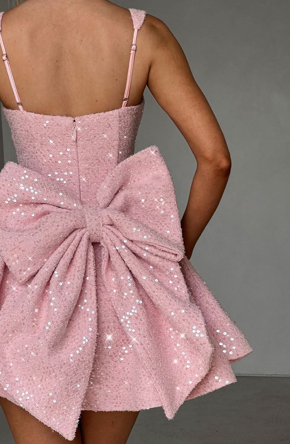 Glamorous A-Line Square Neck Bow Back Sequin Pink Mini Homecoming Dress