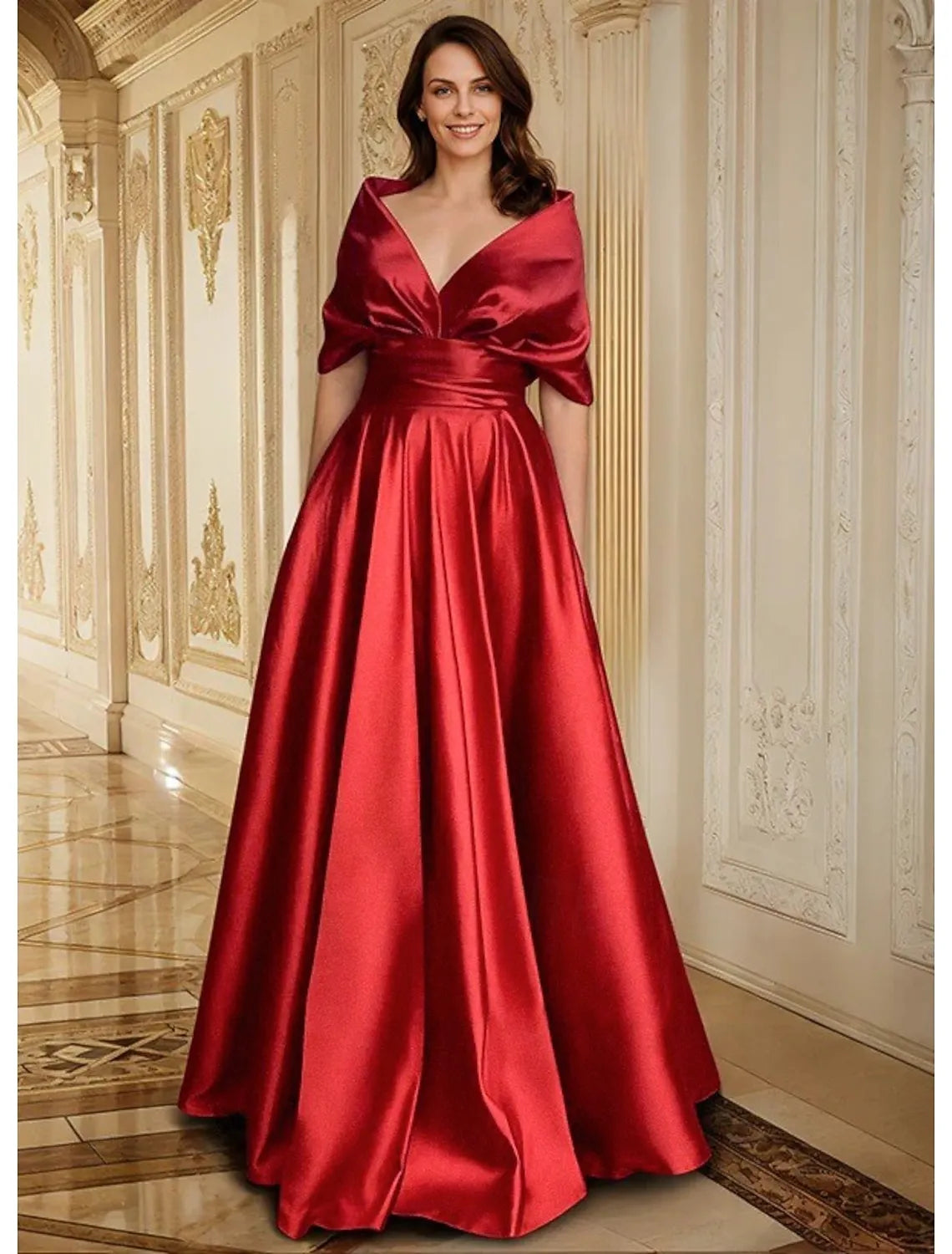Glamorous A-Line V Neck Short Sleeve Ruched Red Prom Dress With Pocket For Sale