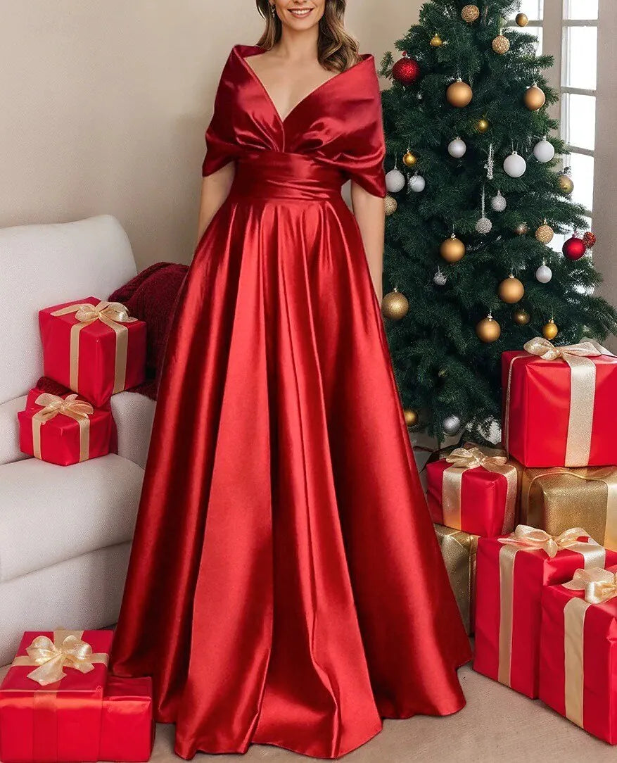 Glamorous A-Line V Neck Short Sleeve Ruched Red Prom Dress With Pocket For Sale
