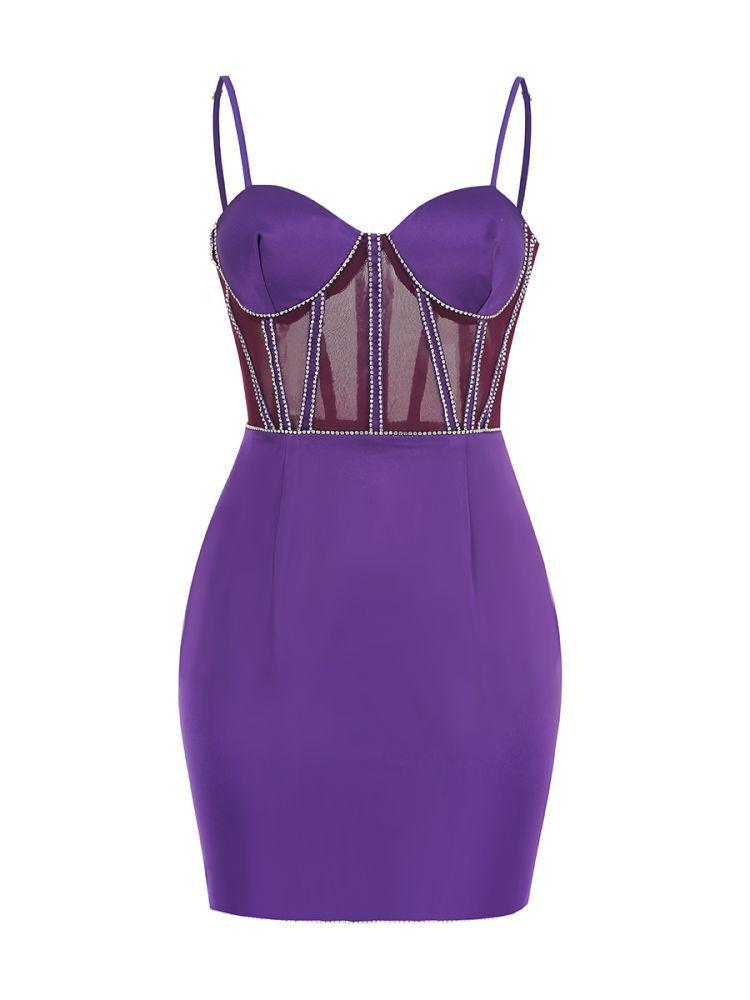 Glamorous Bodycon Sweetheart Corset Purple Mini Homecoming Dress With Rhinestones