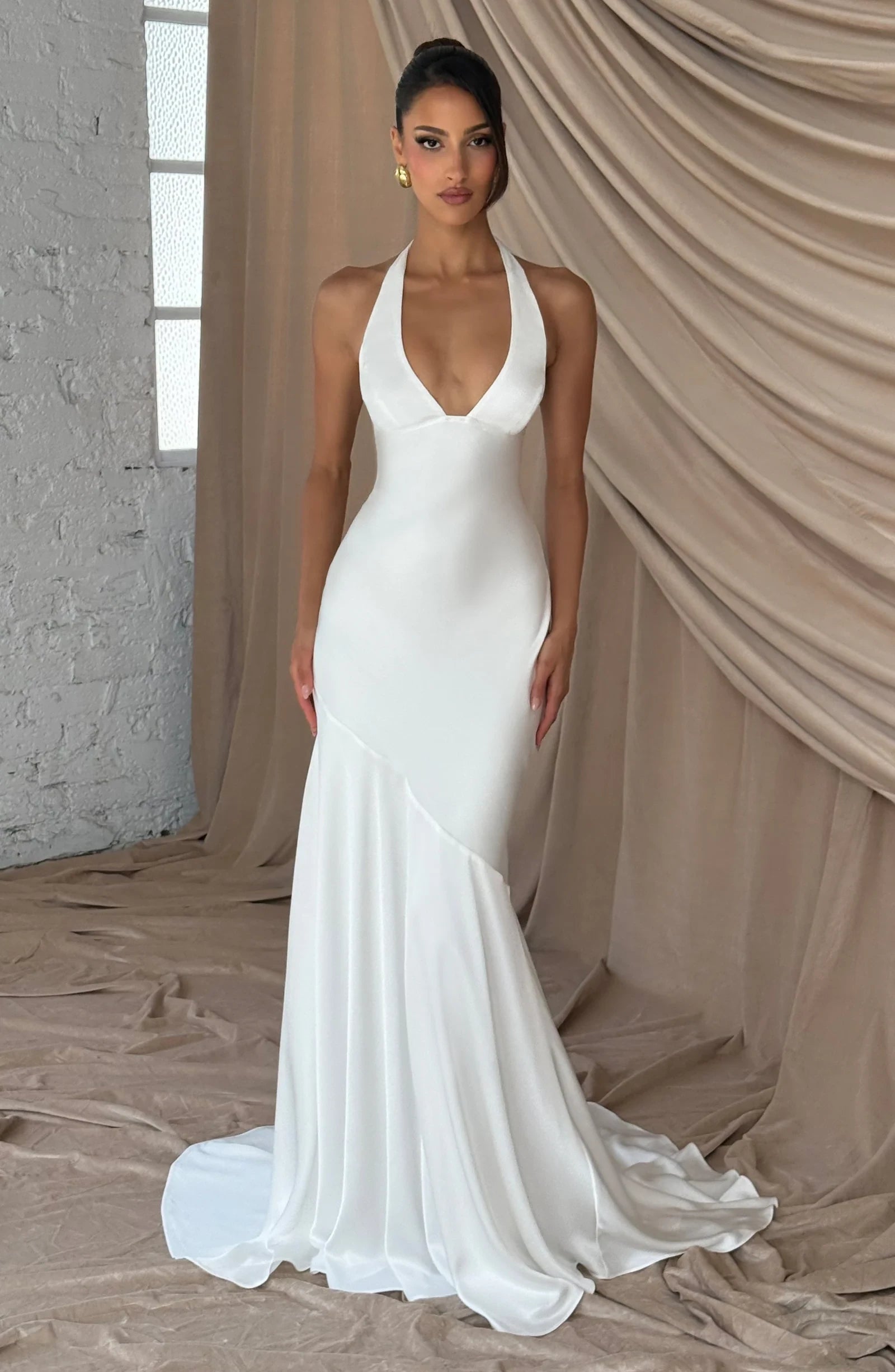 Glamorous Mermaid Halter Plunge Tie Corset Satin Ivory Floor-Length Prom Dress