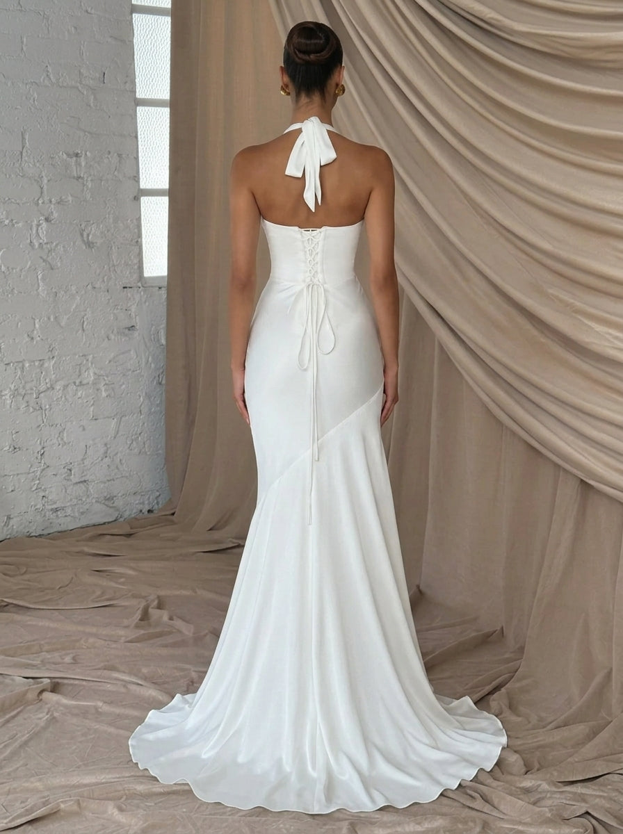 Glamorous Mermaid Halter Plunge Tie Corset Satin Ivory Floor-Length Prom Dress