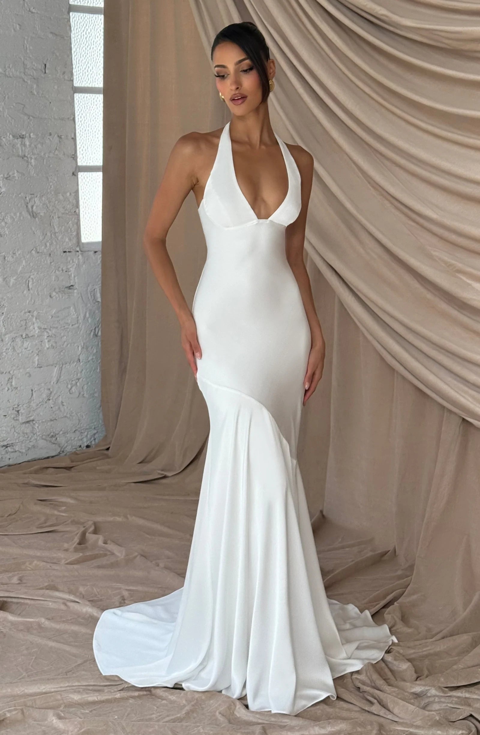 Glamorous Mermaid Halter Plunge Tie Corset Satin Ivory Floor-Length Prom Dress