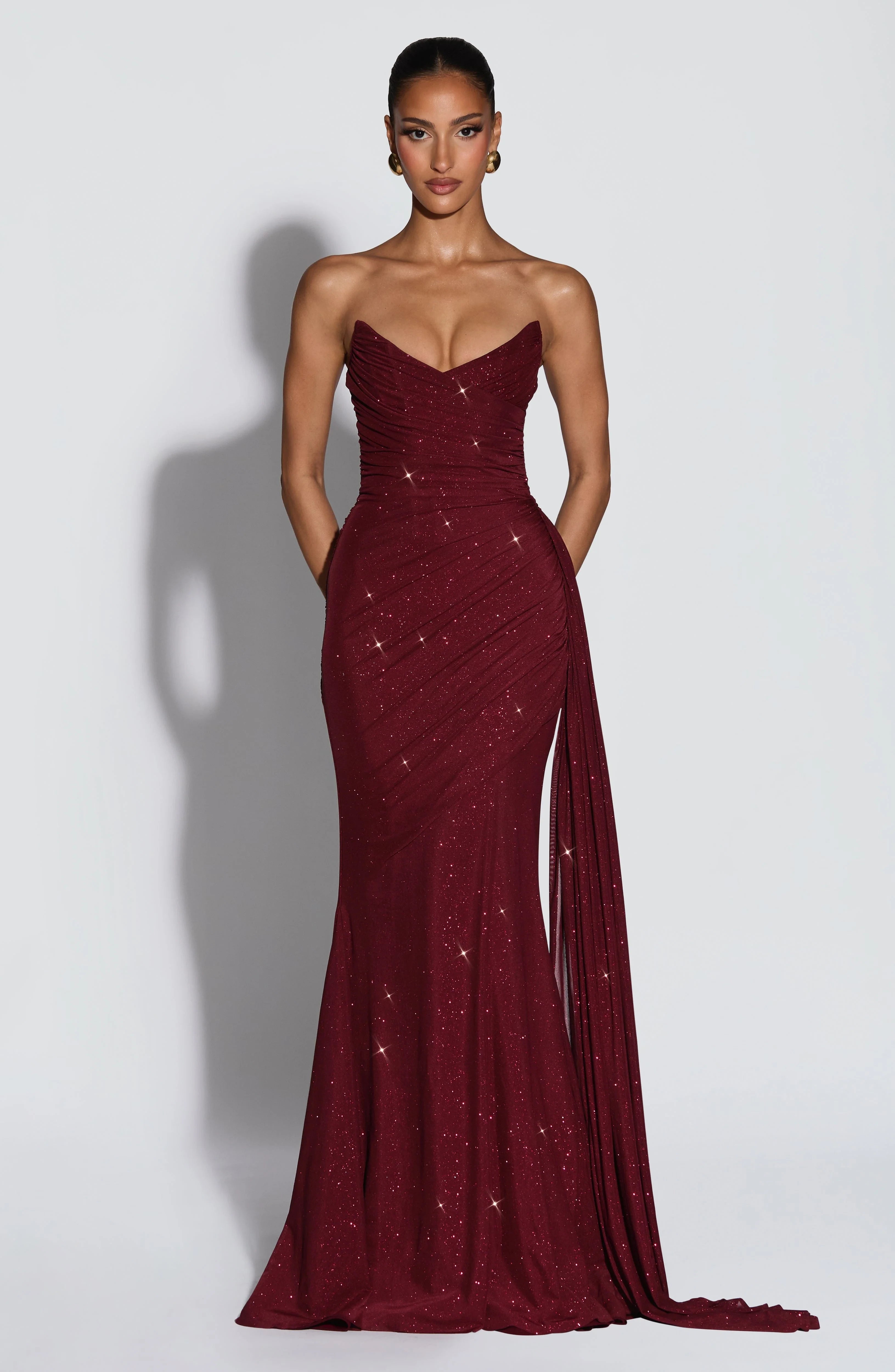 Glamorous Mermaid Sweetheart Ruched Glittering Burgundy Floor-Length Prom Dress With Streamer