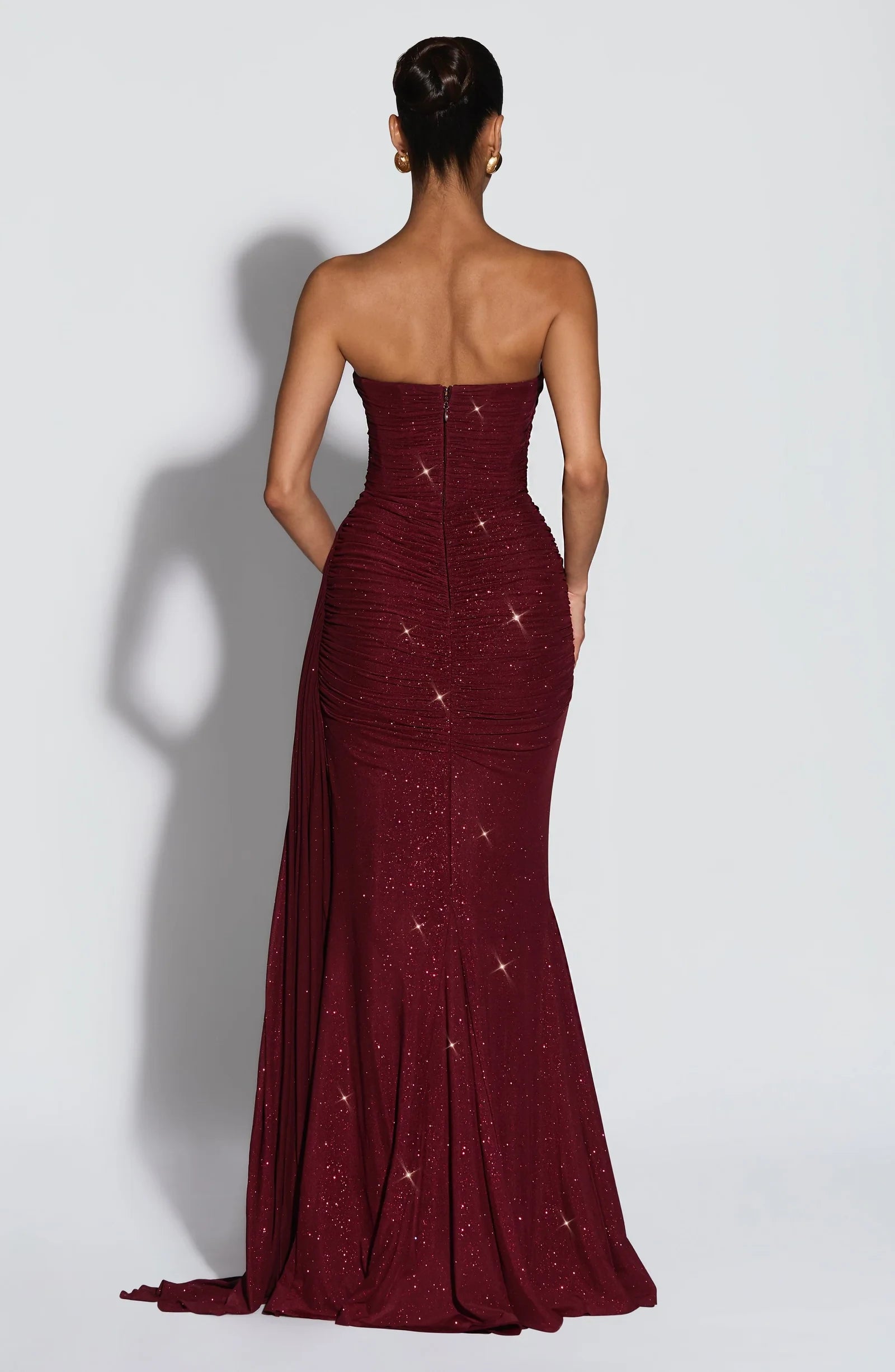 Glamorous Mermaid Sweetheart Ruched Glittering Burgundy Floor-Length Prom Dress With Streamer