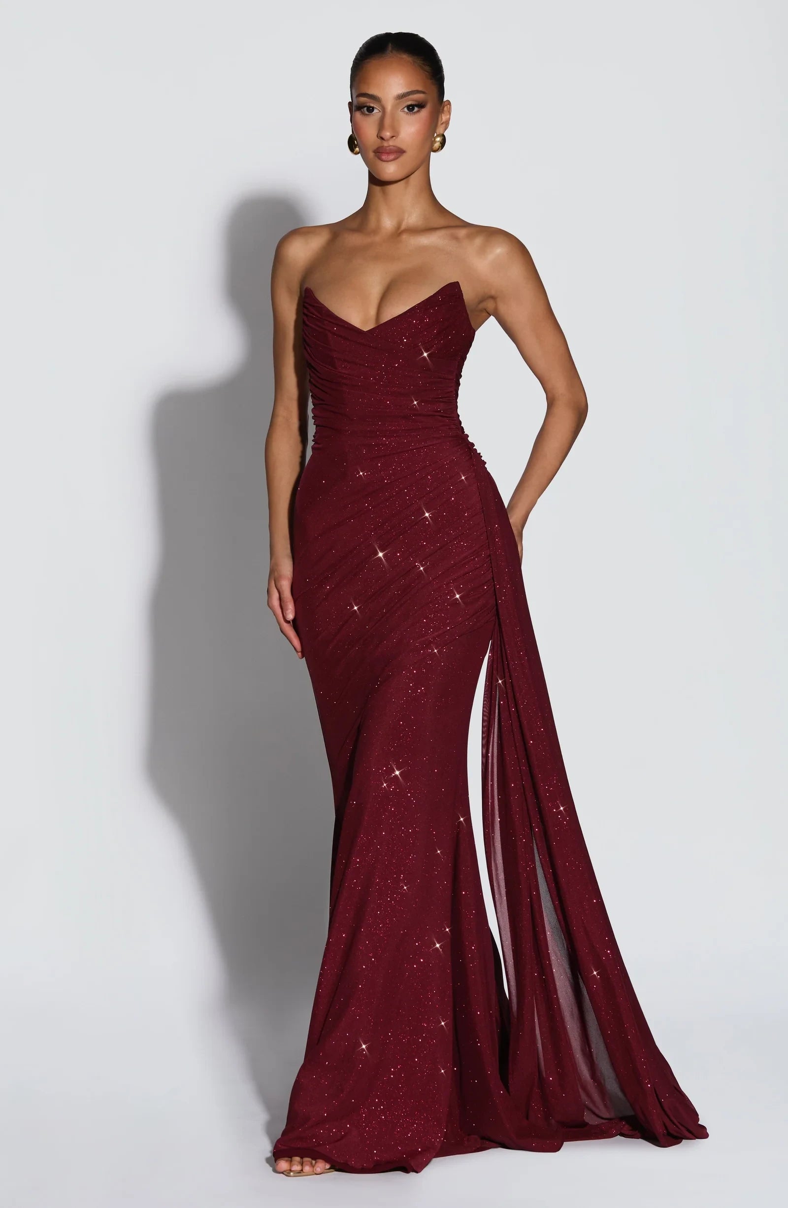 Glamorous Mermaid Sweetheart Ruched Glittering Burgundy Floor-Length Prom Dress With Streamer