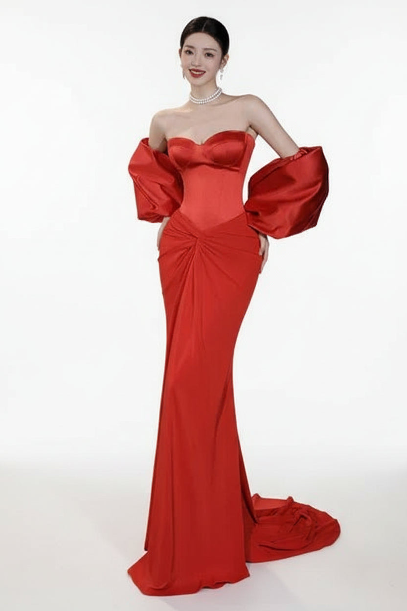 Glamour Mermaid Sweetheart Neck Chiffon Satin Red Evening Dress Prom Dress
